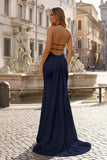 Mermaid Deep Halter Yellow Satin Long Prom Dresses with Slit