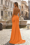 Mermaid Deep Halter Yellow Satin Long Prom Dresses with Slit