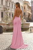 Mermaid Deep Halter Yellow Satin Long Prom Dresses with Slit