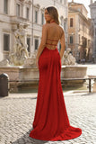Mermaid Deep Halter Yellow Satin Long Prom Dresses with Slit