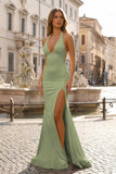 Mermaid Deep Halter Yellow Satin Long Prom Dresses with Slit