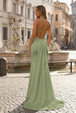 Mermaid Deep Halter Yellow Satin Long Prom Dresses with Slit