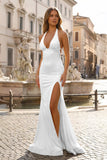 Mermaid Deep Halter Yellow Satin Long Prom Dresses with Slit