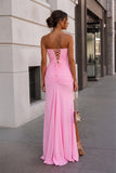 Pink - Strapless Mermaid Chiffon Pleated Long Prom Dresses With Floral