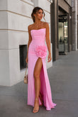 Pink - Strapless Mermaid Chiffon Pleated Long Prom Dresses With Floral
