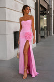 Pink - Strapless Mermaid Chiffon Pleated Long Prom Dresses With Floral