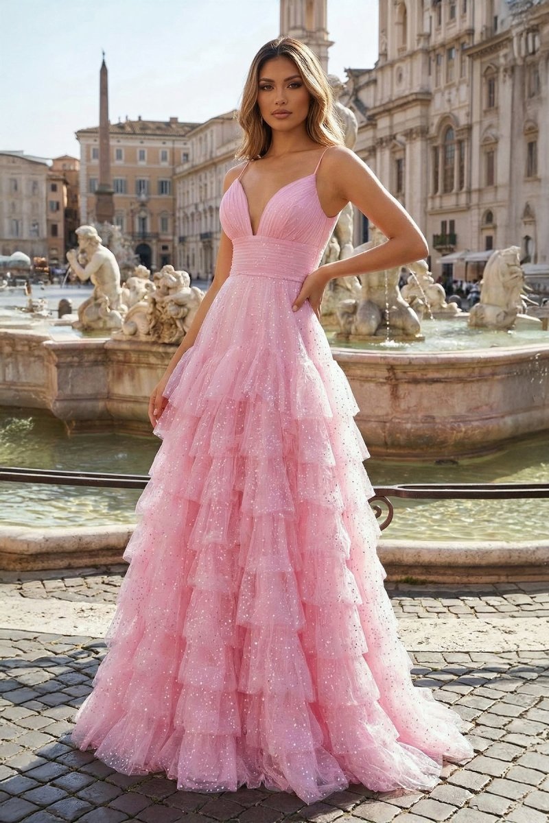 Light Pink A-Line Tiered Spaghetti Straps Tulle Prom Dress