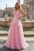 Light Pink A-Line Tiered Spaghetti Straps Tulle Prom Dress