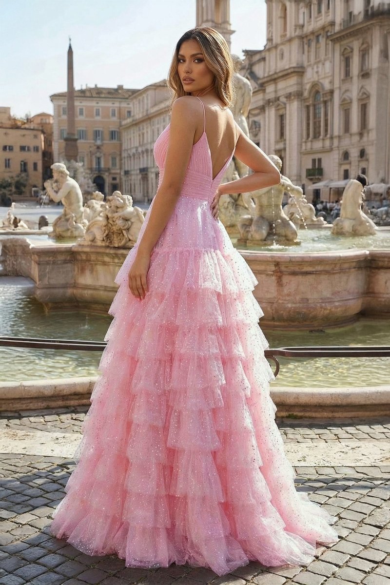 Light Pink A-Line Tiered Spaghetti Straps Tulle Prom Dress