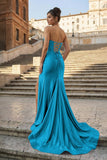 Aqua Strapless Mermaid Satin Pleated Long Formal Prom Dresses With Slit
