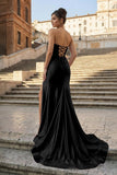 Aqua Strapless Mermaid Satin Pleated Long Formal Prom Dresses With Slit
