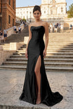 Aqua Strapless Mermaid Satin Pleated Long Formal Prom Dresses With Slit
