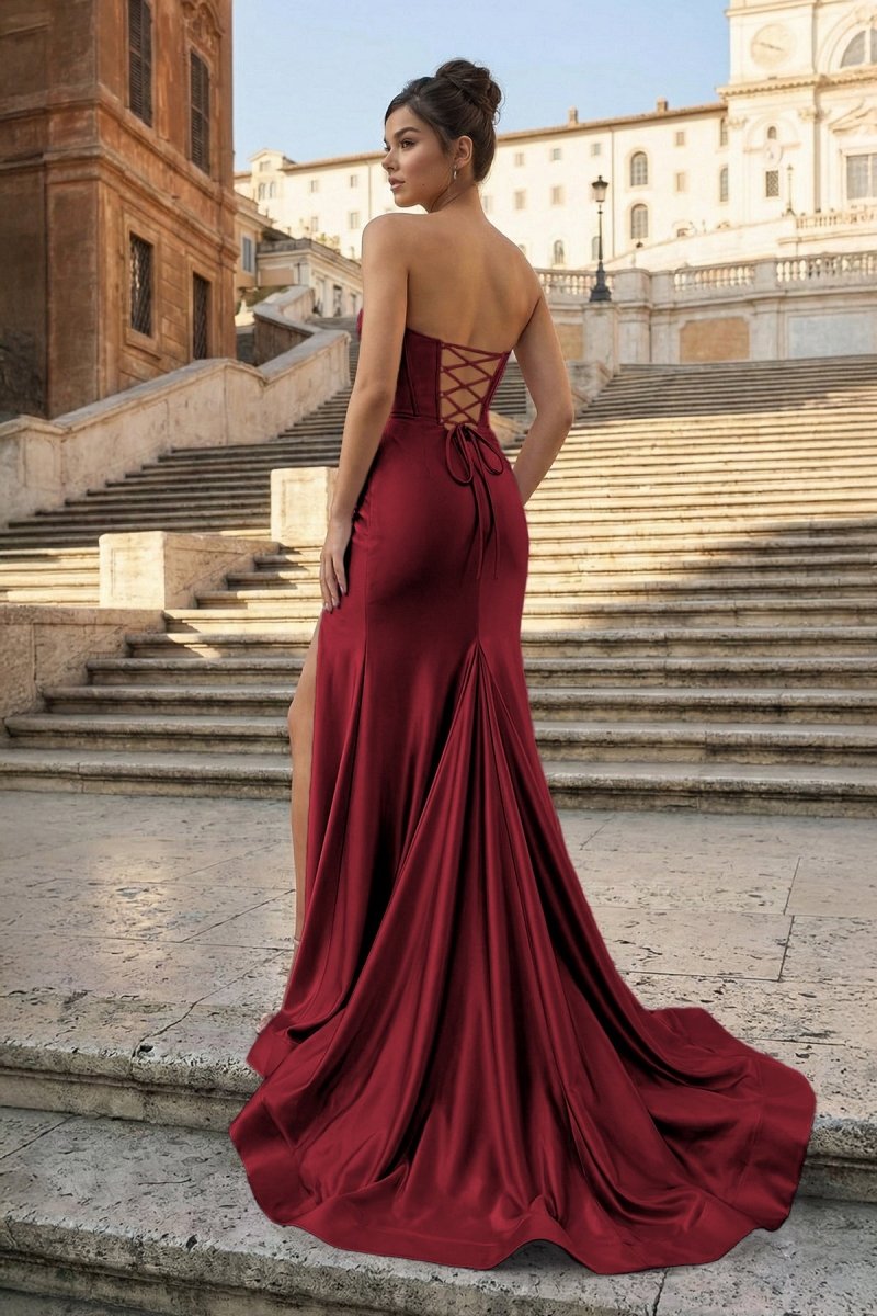 Aqua Strapless Mermaid Satin Pleated Long Formal Prom Dresses With Slit