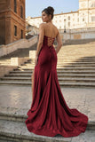 Aqua Strapless Mermaid Satin Pleated Long Formal Prom Dresses With Slit