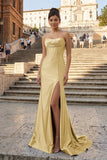 Aqua Strapless Mermaid Satin Pleated Long Formal Prom Dresses With Slit