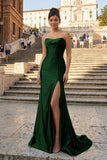 Aqua Strapless Mermaid Satin Pleated Long Formal Prom Dresses With Slit