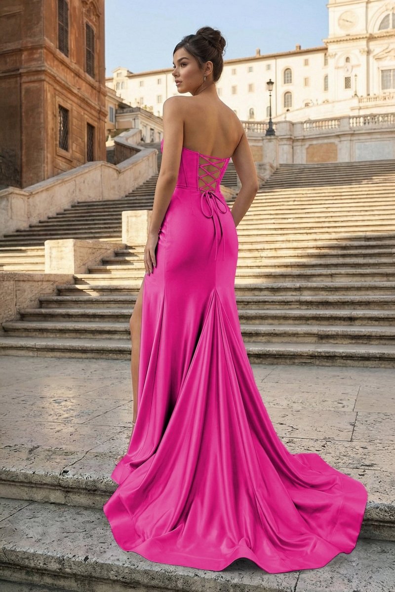 Aqua Strapless Mermaid Satin Pleated Long Formal Prom Dresses With Slit
