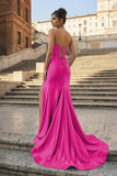 Aqua Strapless Mermaid Satin Pleated Long Formal Prom Dresses With Slit