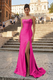 Aqua Strapless Mermaid Satin Pleated Long Formal Prom Dresses With Slit