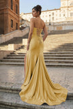Aqua Strapless Mermaid Satin Pleated Long Formal Prom Dresses With Slit