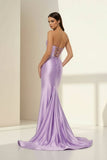 Aqua Strapless Mermaid Satin Pleated Long Formal Prom Dresses With Slit