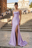 Aqua Strapless Mermaid Satin Pleated Long Formal Prom Dresses With Slit