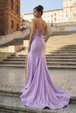 Aqua Strapless Mermaid Satin Pleated Long Formal Prom Dresses With Slit