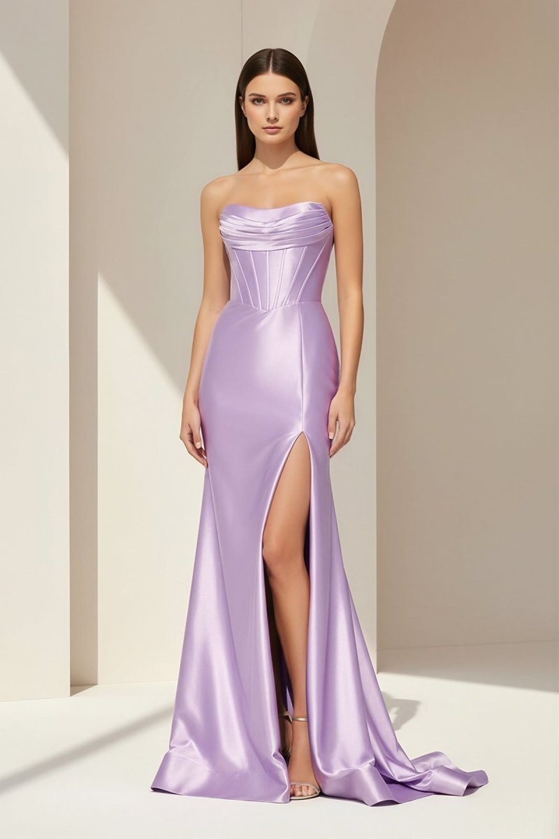 Aqua Strapless Mermaid Satin Pleated Long Formal Prom Dresses With Slit