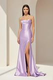 Aqua Strapless Mermaid Satin Pleated Long Formal Prom Dresses With Slit