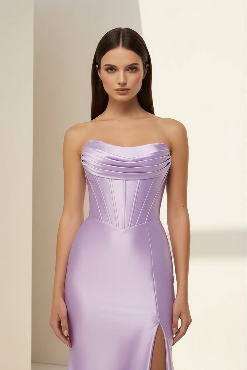 Aqua Strapless Mermaid Satin Pleated Long Formal Prom Dresses With Slit