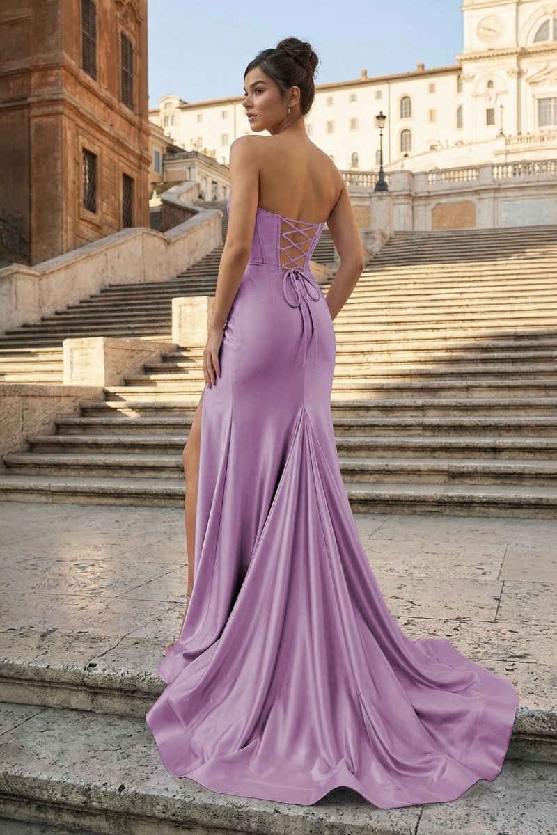 Aqua Strapless Mermaid Satin Pleated Long Formal Prom Dresses With Slit