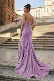 Aqua Strapless Mermaid Satin Pleated Long Formal Prom Dresses With Slit
