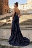 Aqua Strapless Mermaid Satin Pleated Long Formal Prom Dresses With Slit