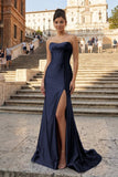 Aqua Strapless Mermaid Satin Pleated Long Formal Prom Dresses With Slit