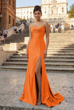 Aqua Strapless Mermaid Satin Pleated Long Formal Prom Dresses With Slit