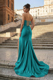 Aqua Strapless Mermaid Satin Pleated Long Formal Prom Dresses With Slit