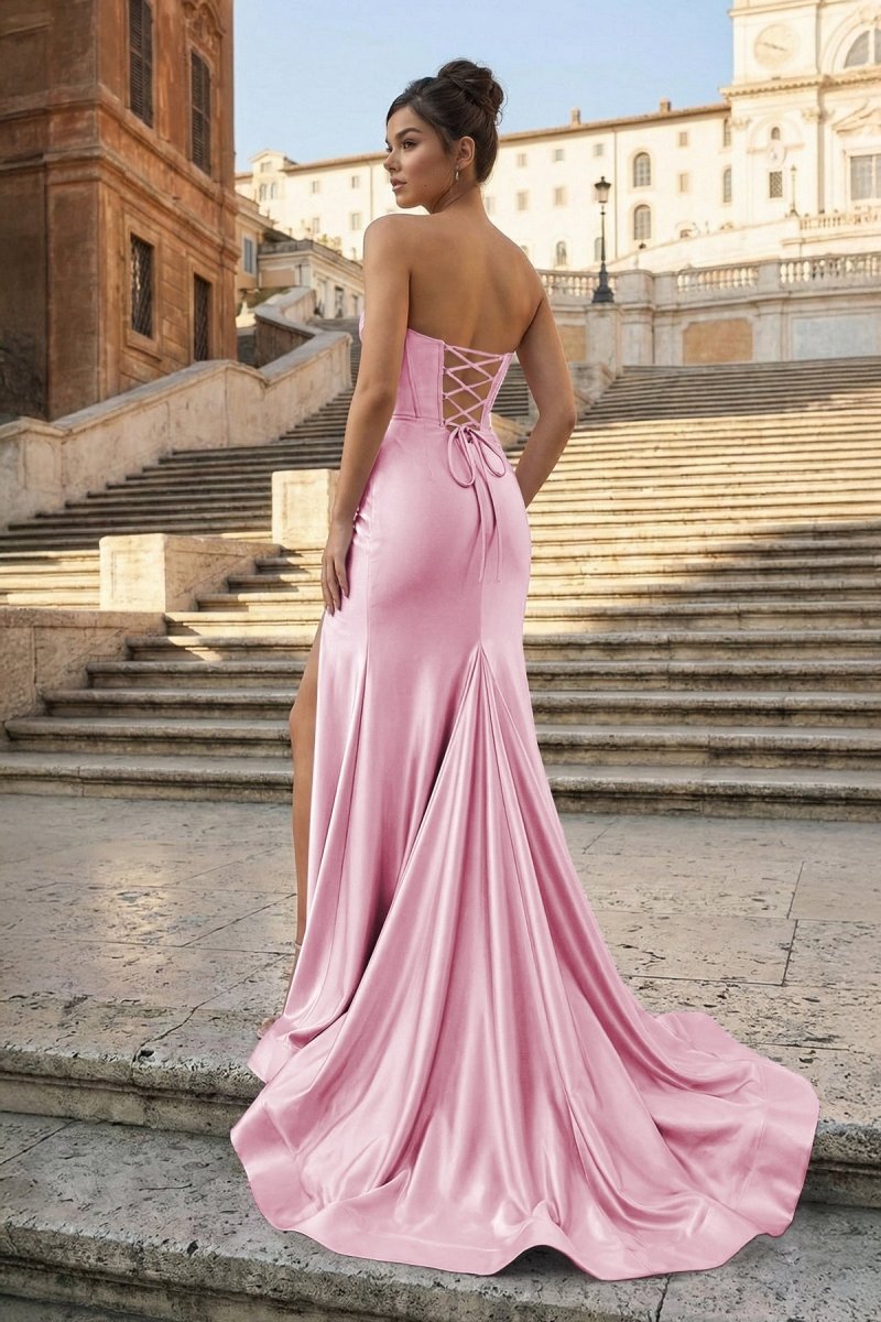 Aqua Strapless Mermaid Satin Pleated Long Formal Prom Dresses With Slit