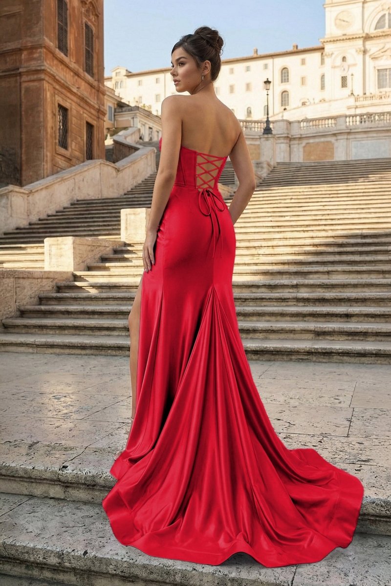 Aqua Strapless Mermaid Satin Pleated Long Formal Prom Dresses With Slit
