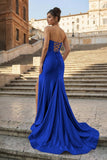 Aqua Strapless Mermaid Satin Pleated Long Formal Prom Dresses With Slit