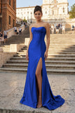 Aqua Strapless Mermaid Satin Pleated Long Formal Prom Dresses With Slit