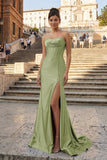 Aqua Strapless Mermaid Satin Pleated Long Formal Prom Dresses With Slit
