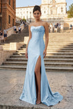 Aqua Strapless Mermaid Satin Pleated Long Formal Prom Dresses With Slit