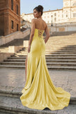 Aqua Strapless Mermaid Satin Pleated Long Formal Prom Dresses With Slit