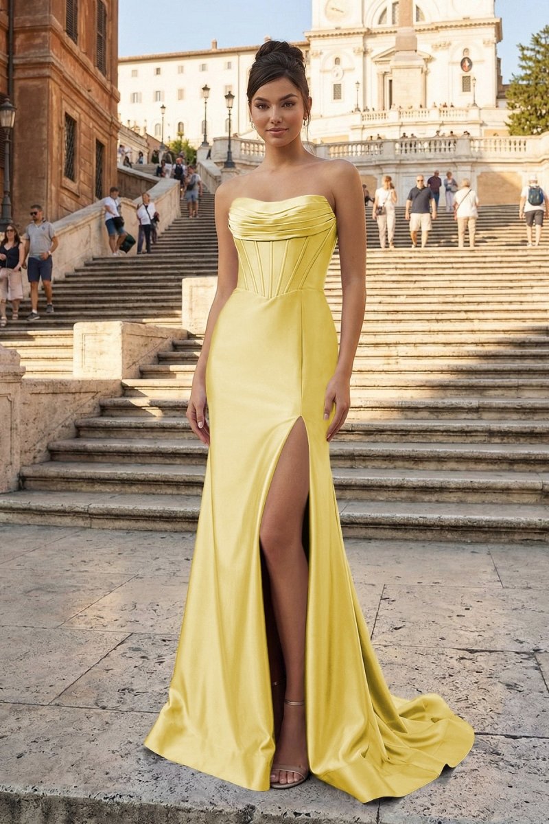 Aqua Strapless Mermaid Satin Pleated Long Formal Prom Dresses With Slit