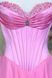 Pink Sweetheart A Line Chiffon Ruffled Long Formal Prom Dresses With Beading