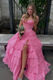 Pink Sweetheart A Line Chiffon Ruffled Long Formal Prom Dresses With Beading