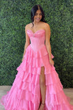 Pink Sweetheart A Line Chiffon Ruffled Long Formal Prom Dresses With Beading
