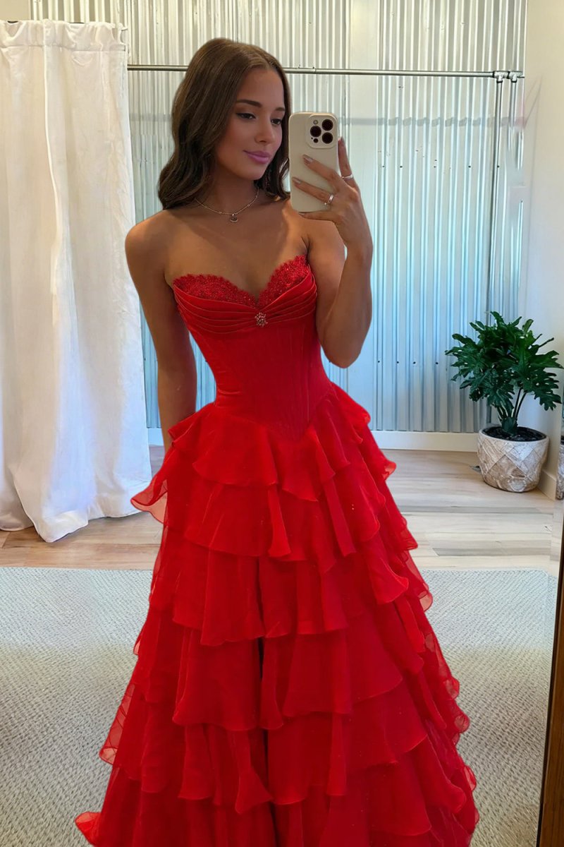 Pink Sweetheart A Line Chiffon Ruffled Long Formal Prom Dresses With Beading