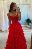 Pink Sweetheart A Line Chiffon Ruffled Long Formal Prom Dresses With Beading