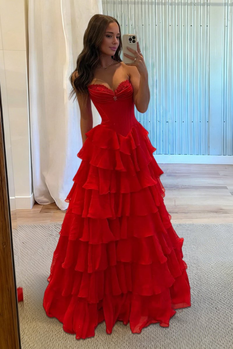 Pink Sweetheart A Line Chiffon Ruffled Long Formal Prom Dresses With Beading